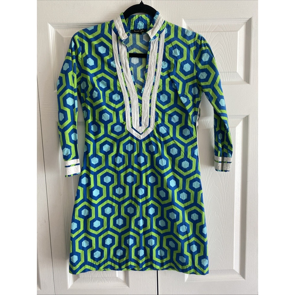 Lauren Gold Geometric Tunic Dress Womens Size 2 Blue Green Mod Retro Cotton